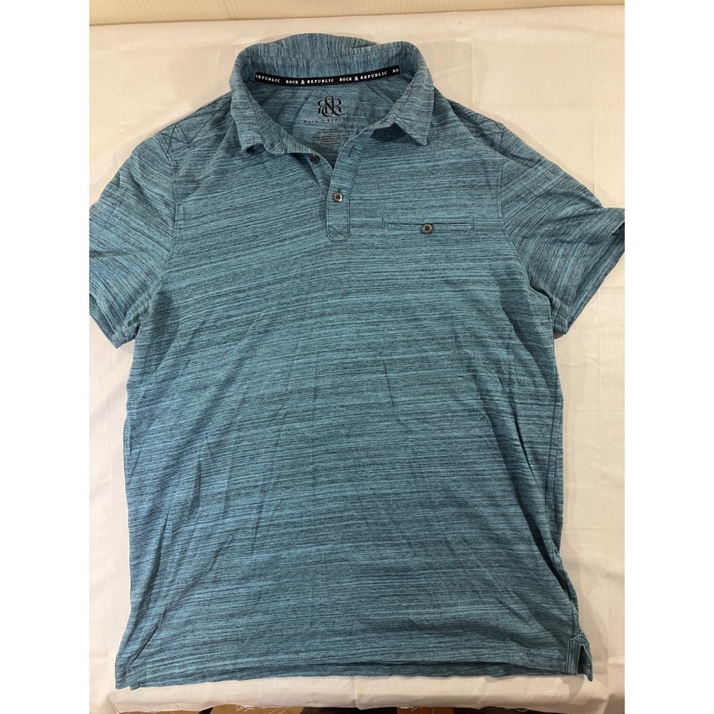 Rock & Republic Mens Polo Shirt Size L Blue Marled Short Sleeve Casual Top‎
